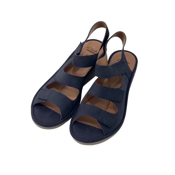 Clarks Navy Blue Nubuck Adjustable Strap Wedge Sandals Women Size 9.5M Comfort - Picture 12 of 14